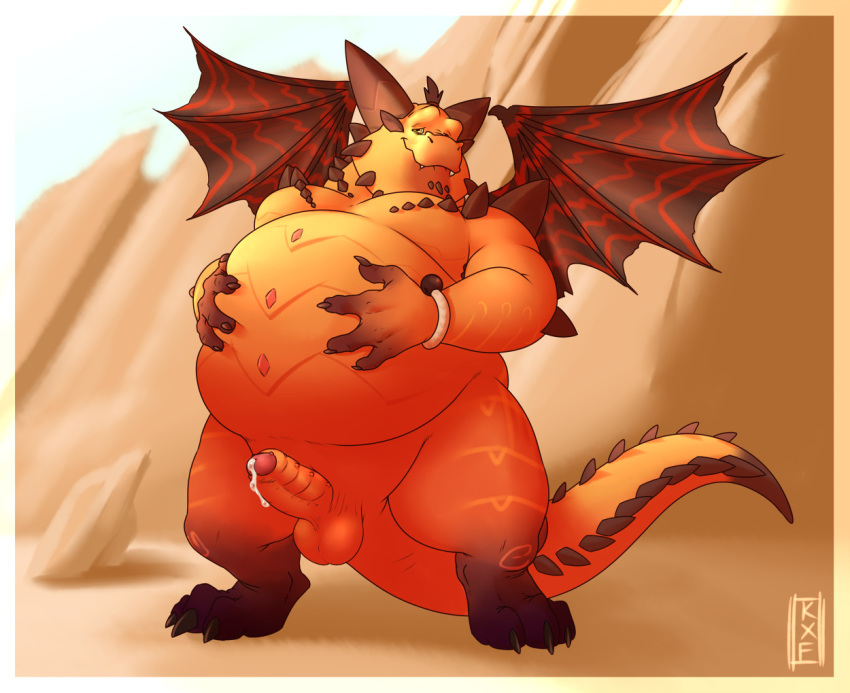 2018 4_fingers anthro balls belly belly_fondling belly_grab big_belly big_horns cum dragon erection front_view humanoid_penis kronexfire looking_at_viewer magnus_(spyro) male nude orange_scales overweight partially_retracted_foreskin penis precum scales self_grab solo spyro_reignited_trilogy spyro_the_dragon standing uncut video_games wings