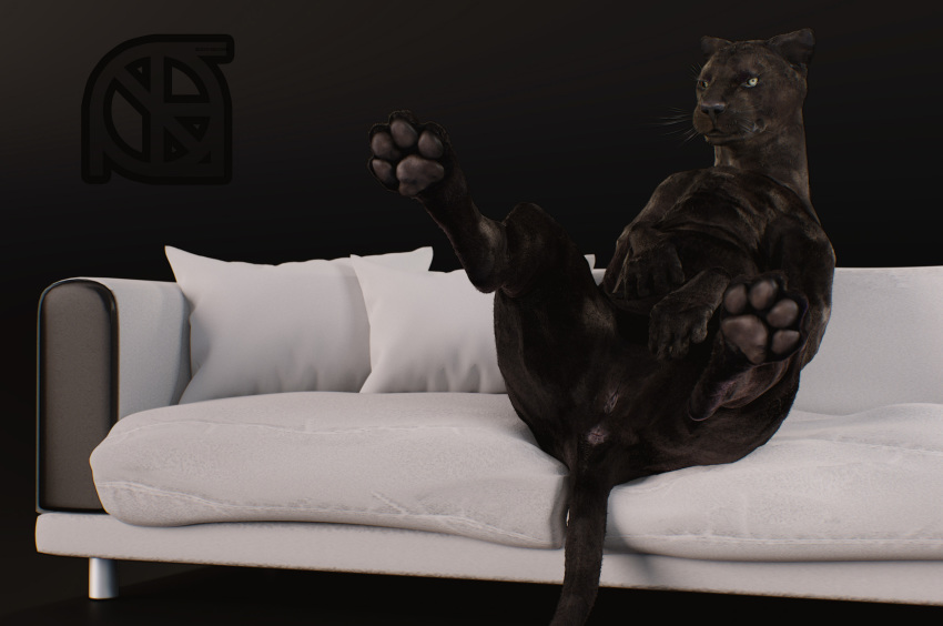 3d_(artwork) animal_genitalia animal_pussy anthro anus black_fur black_nose butt cosmiclife digital_media_(artwork) feet feline female feral flat_chested fur hi_res looking_at_viewer mammal panther pawpads paws pinup pose pussy realistic semi-anthro sofa solo spread_legs spreading valencia whiskers