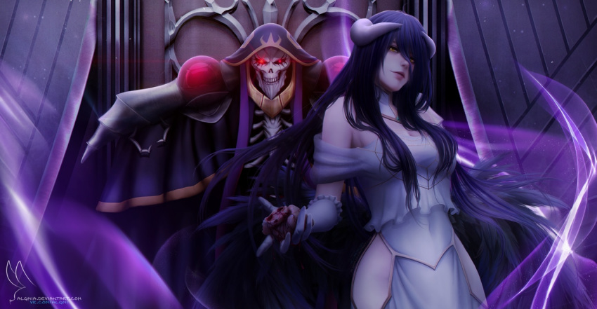 1girl ainz_ooal_gown albedo alqmia black_hair black_wings blood breasts cleavage demon_girl demon_horns demon_wings detached_collar dress elbow_gloves feathered_wings feathers gloves glowing glowing_eyes hair_between_eyes hip_vent holding horns large_breasts looking_at_viewer low_wings overlord_(maruyama) red_eyes skeleton skull sleeveless sleeveless_dress slit_pupils smile standing upper_body watermark white_dress white_gloves wings yellow_eyes