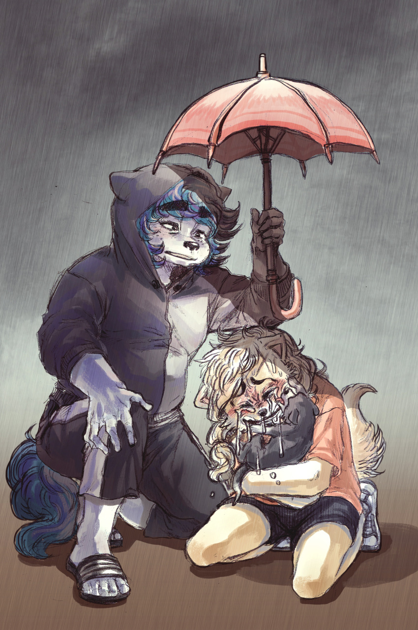 2017 5_fingers 5_toes absurd_res ambiguous_gender anthro belly big_eyebrows black_bottomwear black_clothing black_topwear blue_fur blue_hair blush brown_background by-nc-nd canine clothed clothing cloud cradling creative_commons crying cub digital_media_(artwork) digital_painting_(artwork) dog duo_focus face_lick fangs feet female feral fluffy fluffy_tail footwear freckles front_view frown full-length_portrait fur gradient_background grey_background grey_clothing grey_fur group hair hand_on_leg hi_res holding_character holding_object holding_umbrella hoodie hug humanoid_feet humanoid_hands hwi-jeong_(ryonggay) hybrid jindo kemono kishu_inu kneeling korean licking long_hair looking_down male mammal mixed_media multicolored_fur nude on_one_knee outside paws pet pink_clothing pink_topwear plantigrade portrait raining raised_tail runny_nose ryonggay sandals scar shirt shoes short_hair shorts simple_background sitting size_difference slightly_chubby sneakers sobbing tears toes tongue tongue_out traditional_media_(artwork) two_tone_fur umbrella wet white_clothing white_fur white_hair wolf yong-sil_(ryonggay) young