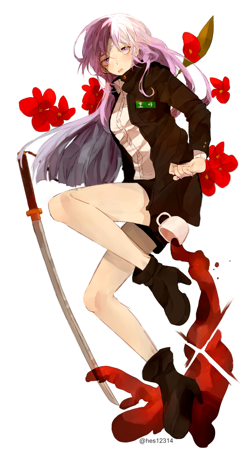 absurdres artist_name black_footwear black_shirt black_shorts boots commentary_request cup fingernails flower full_body gakuran high_heels highres katana knees_up korean long_hair long_sleeves looking_at_viewer nail_polish open_clothes open_shirt pocket purple_eyes purple_hair purple_nails red_flower school_uniform shirt shorts simple_background solo spill sword teacup translation_request twice12314 twitter_username very_long_hair weapon white_background white_shirt