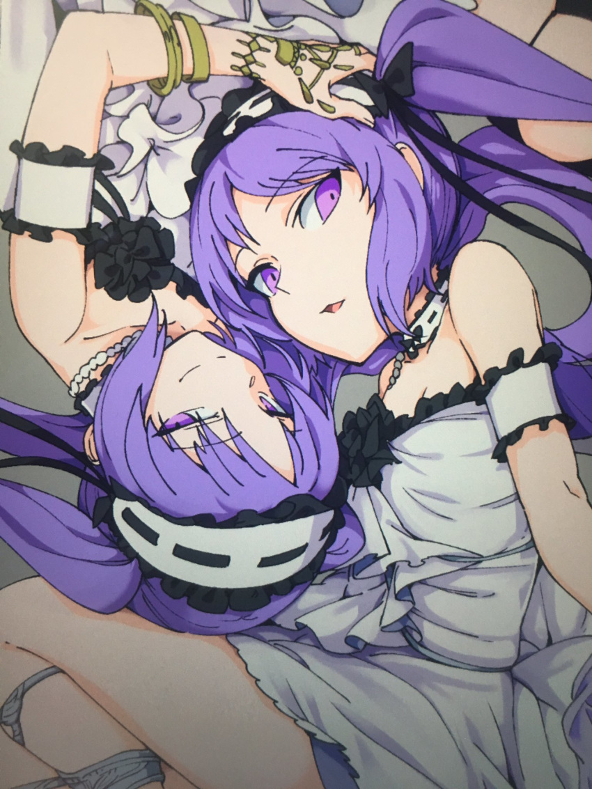 anklet armband bracelet breasts choker commentary_request dress euryale fate/grand_order fate_(series) hairband hand_on_another's_head highres jewelry long_hair looking_at_viewer looking_back multiple_girls open_mouth purple_eyes purple_hair siblings small_breasts smile stheno strapless strapless_dress torichamaru twins twintails