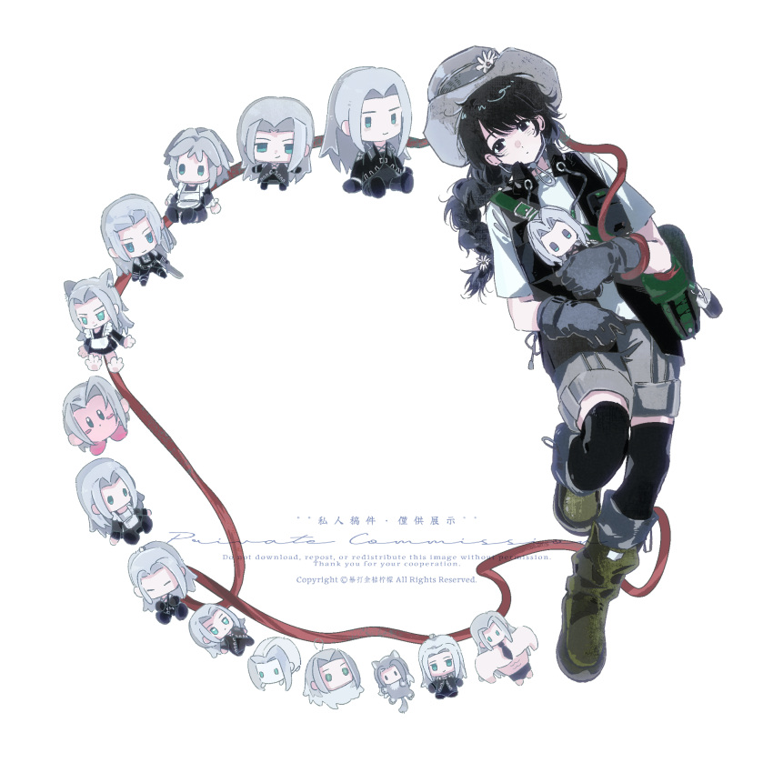 1girl black_eyes black_hair black_thighhighs boots braid character_doll closed_mouth commission doll dot_mouth dot_nose final_fantasy final_fantasy_vii flower gloves grey_hair grey_shorts hat highres holding holding_doll jintian_de_hao_yueye_youdian_sang kirby kirby_(series) long_hair looking_to_the_side mihuashi_commission oc_x_canon original sephiroth shorts thighhighs watermark white_background white_flower