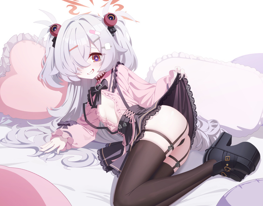 1girl absurdres alternate_costume ass black_bow black_bowtie black_garter_straps black_panties black_shoes black_skirt black_thighhighs blue_archive blush bow bowtie breasts clothes_lift commentary_request eyeball_hair_ornament frilled_shirt frills garter_straps grey_hair hair_bobbles hair_ornament hair_over_one_eye hairclip halo heart heart-shaped_pillow heart-shaped_pupils high-waist_skirt highres jirai_kei kanoe_(blue_archive) lace-trimmed_skirt lace_trim lifting_own_clothes long_hair long_sleeves looking_at_viewer no_bra od_sey orange_eyes orange_halo panties partially_unbuttoned pill_hair_ornament pillow pink_shirt platform_shoes shirt shoes simple_background skirt skirt_lift small_breasts smile solo symbol-shaped_pupils thighhighs two_side_up underwear very_long_hair white_background
