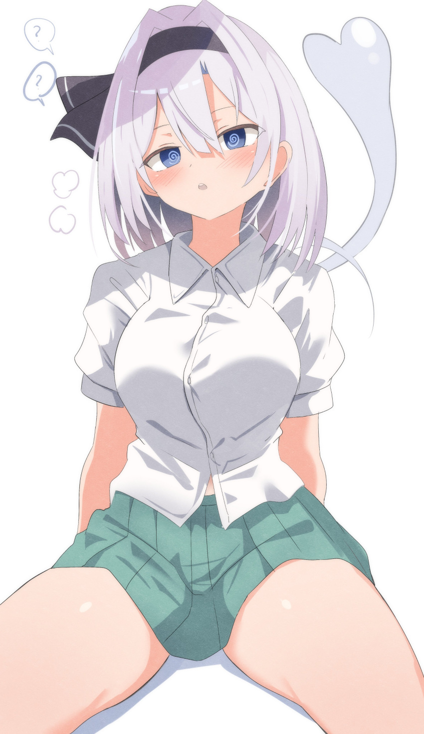 1girl @_@ absurdres black_hairband blue_eyes blush breasts collared_shirt commentary_request daru_(kumakumadon) green_skirt grey_hair hairband highres hitodama hypnosis konpaku_youmu konpaku_youmu_(ghost) large_breasts mind_control open_mouth pleated_skirt puffy_short_sleeves puffy_sleeves shirt short_sleeves sitting skirt solo touhou white_shirt