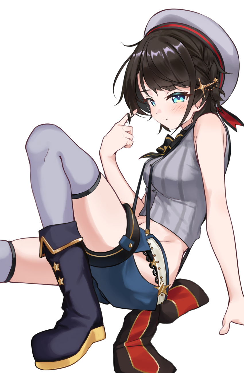 1girl absurdres agoberos back_bow beret black_boots black_bow black_bowtie black_hair black_panties blue_eyes blue_shorts boots bow bowtie braid breasts clothing_cutout commentary fold-over_boots from_side grey_hat grey_shirt grey_thighhighs hair_ornament hand_up hat highres hip_vent hololive knee_up lace-trimmed_panties lace_trim looking_at_viewer medium_breasts midriff navel official_alternate_costume official_alternate_hairstyle oozora_subaru oozora_subaru_(suspenders) panties panty_peek pinstripe_pattern pinstripe_shirt shirt short_hair short_shorts shorts side_braid simple_background sitting sleeveless sleeveless_shirt solo star_(symbol) star_hair_ornament suspenders swept_bangs thighhighs twirling_hair underwear virtual_youtuber white_background