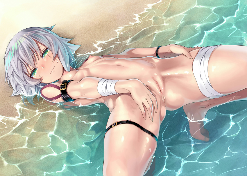 anus bandage beach blush breasts fate/grand_order fate_(series) garter green_eyes jack_the_ripper navel nipples nude orochi_itto photoshop pussy scar short_hair tattoo uncensored water white_hair wristwear