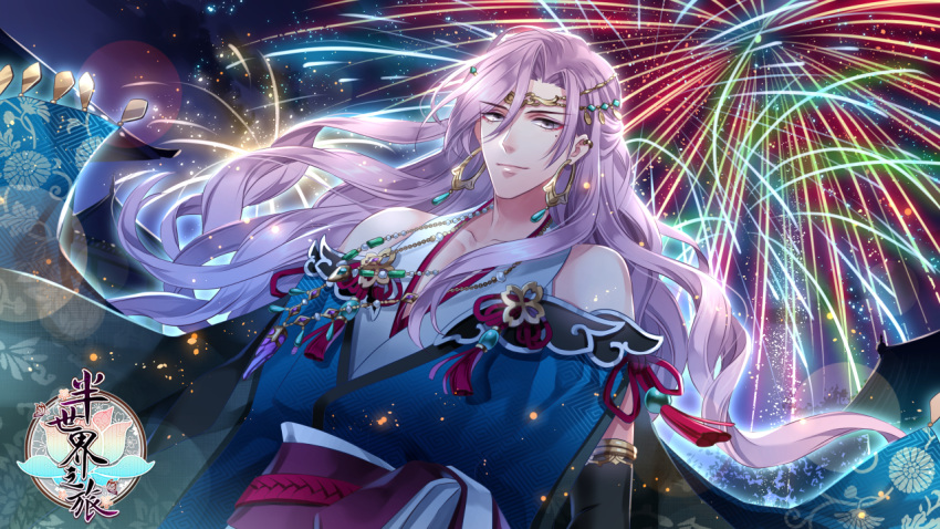 arm_warmers ban_shijie_zhi_lu circlet earrings fireworks floral_print grey_eyes hoop_earrings jewelry long_hair looking_at_viewer male_focus mole mole_under_eye necklace official_art purple_hair ran_(artist) solo standing upper_body watermark