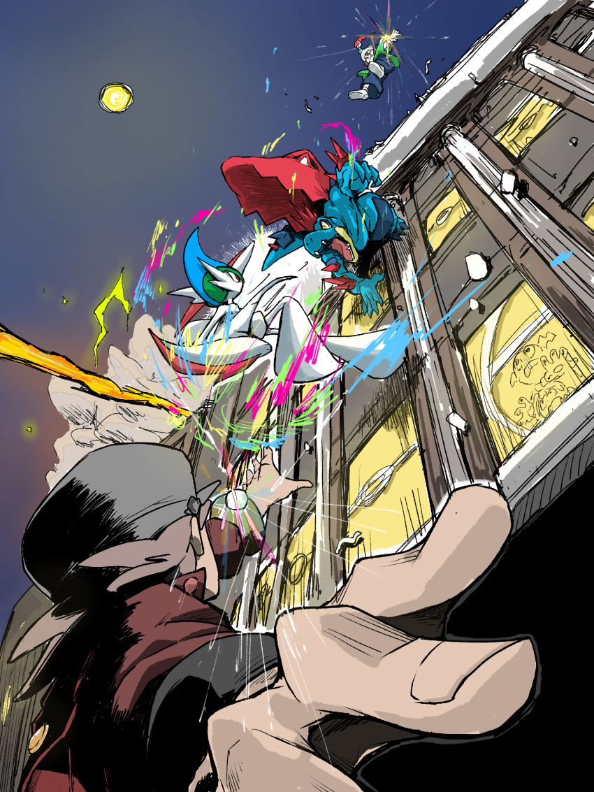bracelet brown_hair building clear_sky commentary_request energy fangs feraligatr fighting fingernails full_moon gallade grey_hat hat highres jewelry long_sleeves mega_feraligatr mega_gallade mega_pokemon mega_ring mega_stone moon night nostrils open_mouth pokemon pokemon_(creature) pokemon_battle pokemon_legends:_z-a sharp_teeth sky sunz_1 teeth window