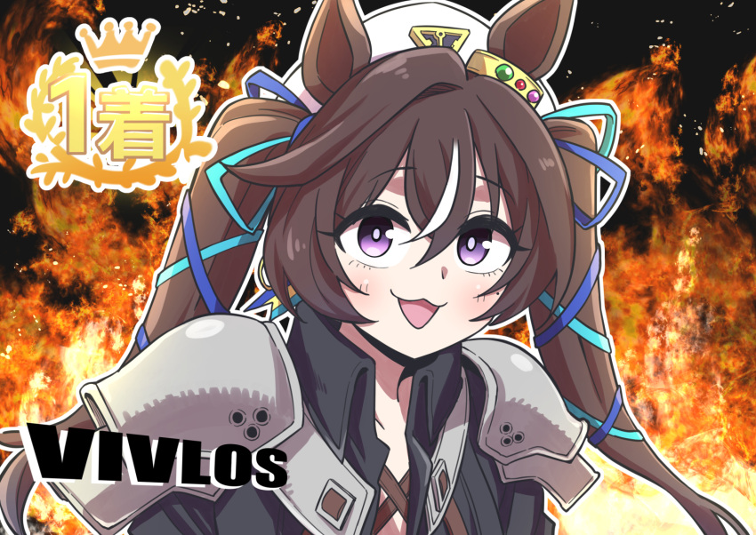 1girl :3 armor blue_ribbon bright_pupils brown_hair character_name commentary cosplay emblem final_fantasy final_fantasy_vii hair_ribbon hat highres ishii_takuma long_hair multicolored_hair pac-man_eyes pauldrons pun purple_eyes ribbon sailor_hat sephiroth sephiroth_(cosplay) shoulder_armor solo streaked_hair twintails two-tone_hair umamusume upper_body vivlos_(umamusume) white_hat white_streaks