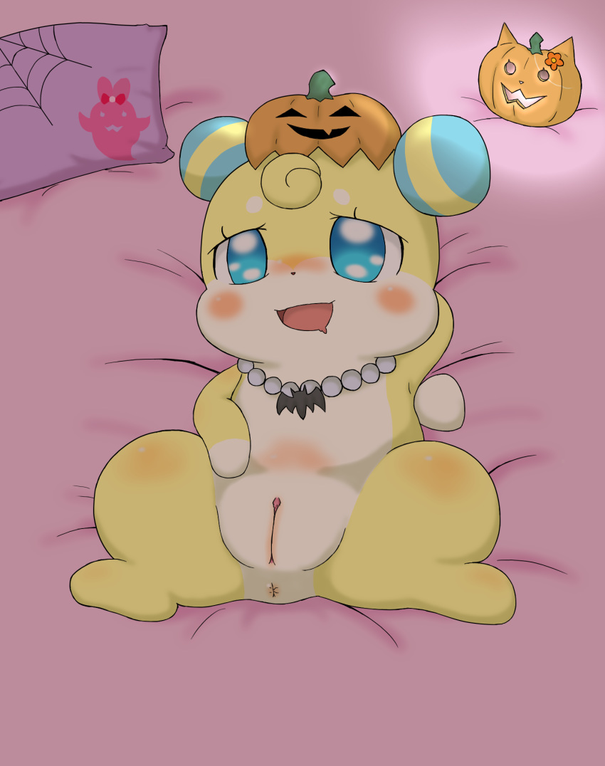 2018 anthro anus blue_eyes blush clitoris cocotama dream_maker_watanabe drooling female half-closed_eyes halloween hi_res hirake!_cocotama holidays jack-o'-lantern jewelry looking_at_viewer lying mammal necklace ojou_(cocotama) on_back open_mouth pillow presenting presenting_pussy pussy saliva semi-anthro signature solo spread_legs spreading tongue