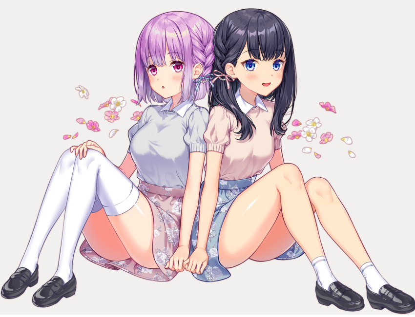 :d :o alternate_costume alternate_hairstyle ass bangs bare_arms bare_legs black_footwear black_hair blue_eyes blue_ribbon blue_skirt blush braid breasts casual collared_shirt commentary_request eyebrows_visible_through_hair floral_print flower grey_background hair_ribbon hand_on_own_knee knees_up kuroki_(ma-na-tu) large_breasts lavender_hair loafers long_hair looking_at_viewer medium_breasts miniskirt multiple_girls open_mouth parted_lips pink_ribbon pink_shirt pink_skirt pinky_swear red_eyes ribbon shinjou_akane shirt shirt_tucked_in shoes short_hair short_sleeves side-by-side sidelocks simple_background sitting skirt smile socks ssss.gridman takarada_rikka thighhighs white_legwear white_shirt