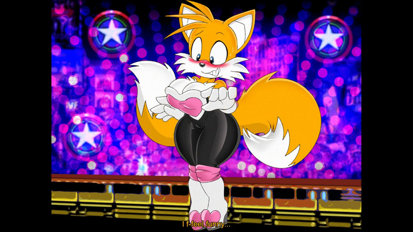 2018 anthro black_nose blue_eyes blush boots breasts canine clothing crossgender dialogue dipstick_tail dracojeff embarrassed english_text female footwear fox fur gloves high_heels mammal miles_prower multicolored_tail shoes solo sonic_(series) text video_games white_fur yellow_fur