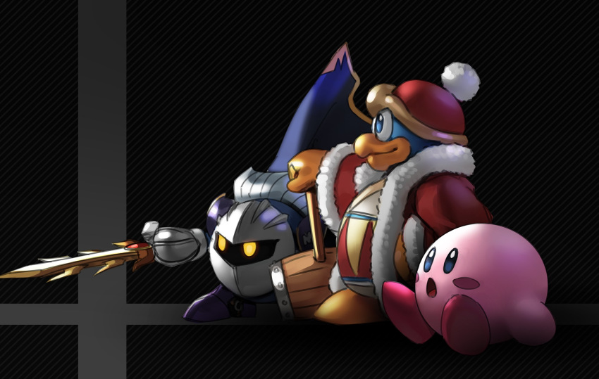 armor beak black_background blue_skin blush_stickers cape commentary from_side fur_coat fur_trim galaxia_(sword) gauntlets gloves glowing glowing_eyes hammer hand_on_hip highres king_dedede kirby kirby_(series) mask meta_knight multiple_boys nin_nakajima open_mouth pink_skin pointing_weapon sitting smile super_smash_bros. super_smash_bros._ultimate surprised sword weapon yellow_eyes