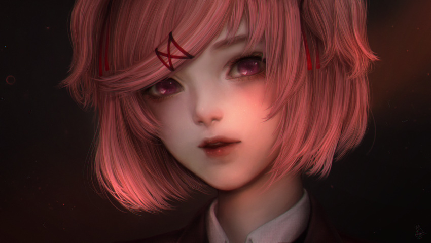 alqmia bangs collared_shirt doki_doki_literature_club hair_ornament hair_ribbon hairclip jacket looking_at_viewer natsuki_(doki_doki_literature_club) open_mouth parted_lips pink_eyes pink_hair realistic ribbon school_uniform shirt short_hair simple_background solo twintails two_side_up watermark white_shirt