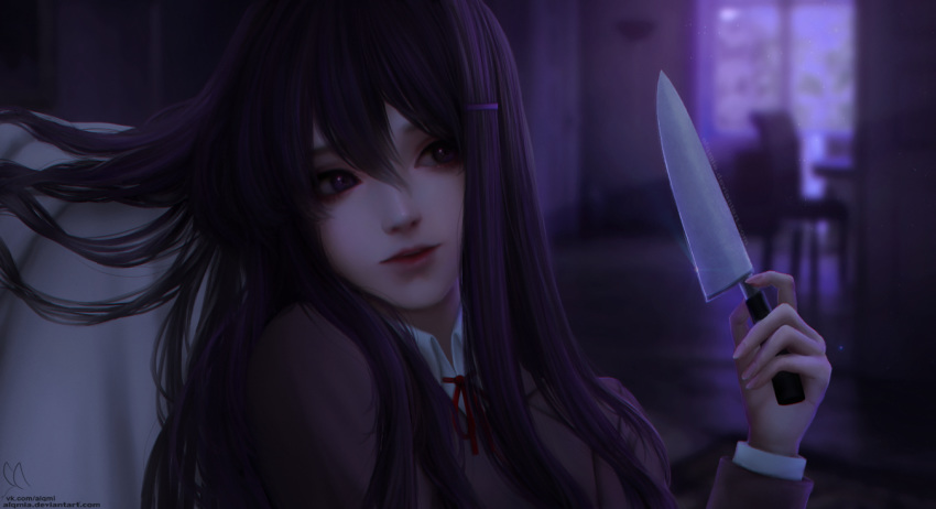 alqmia bangs closed_mouth doki_doki_literature_club hair_between_eyes hair_ornament hairclip holding holding_knife holding_weapon jacket knife leaning long_hair looking_to_the_side purple_eyes purple_hair realistic red_lips school_uniform smile solo very_long_hair watermark weapon yuri_(doki_doki_literature_club)