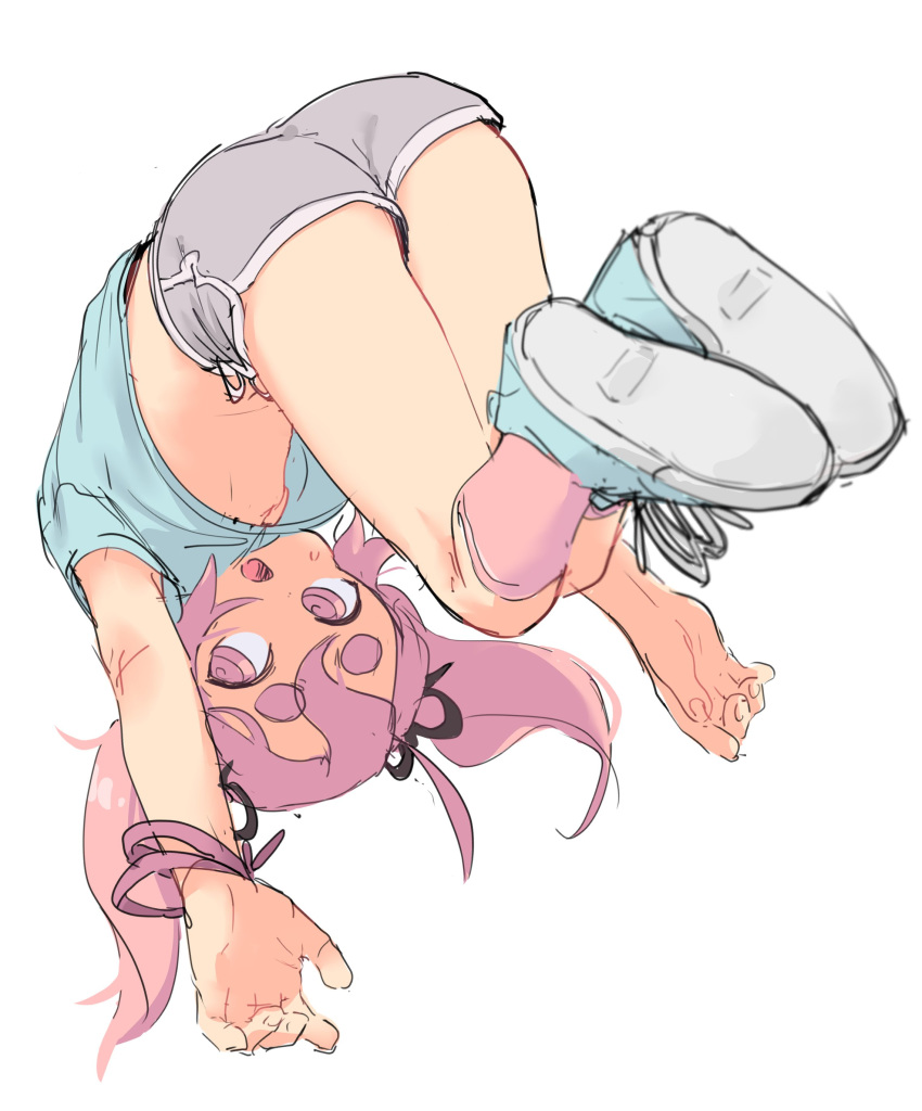 :o absurdres ass boyshorts bracelet edisonabismo hair_ribbon happy_(eds) highres jewelry open_mouth original pink_eyes pink_hair pink_legwear ribbon shoes shorts thick_eyebrows twintails upshirt upside-down white_background