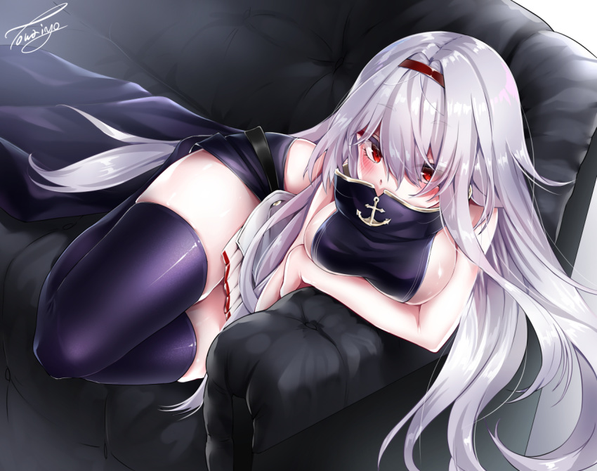 azur_lane bangs bare_shoulders belt blush breasts colorado_(azur_lane) commentary_request couch detached_sleeves dress hair_over_one_eye hairband large_breasts long_hair looking_at_viewer lying pelvic_curtain red_eyes sideboob sidelocks signature silver_hair skindentation sleeveless sleeveless_dress solo thighhighs touwa_iyo white_hair