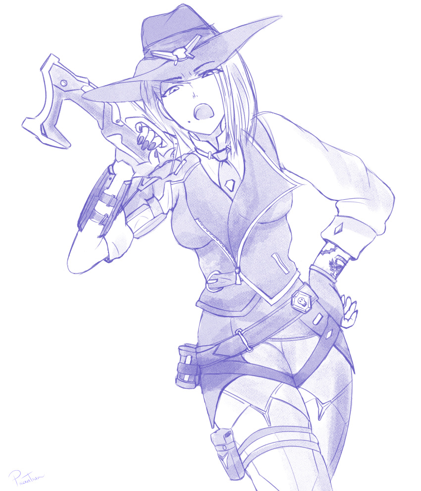 1girl artist_name ashe_(overwatch) breasts cowboy_hat denim denim_shorts elizabeth_ashe female gun hair_over_one_eye hand_on_hip handgun hat hat_over_one_eye high_resolution highleg hips holster large_breasts long_hair looking_at_viewer monochrome necktie overwatch picantium shorts simple_background thigh_holster thighs underwear very_high_resolution waist weapon white_background