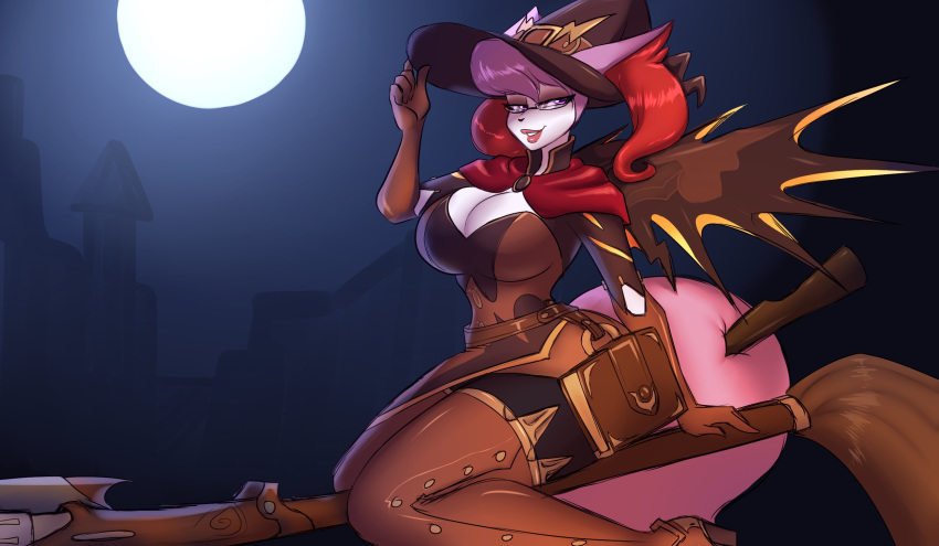 2018 5_fingers anthro belise94 belt big_breasts blizzard_entertainment book boots braixen breasts broom broom_riding cleavage clothed clothing cosplay dress female footwear full_moon fully_clothed hair hat hi_res magic_user mercy_(overwatch) moon night nintendo outside overwatch pok&eacute;mon pok&eacute;mon_(species) shiny_pok&eacute;mon solo thigh_boots video_games witch witch_hat