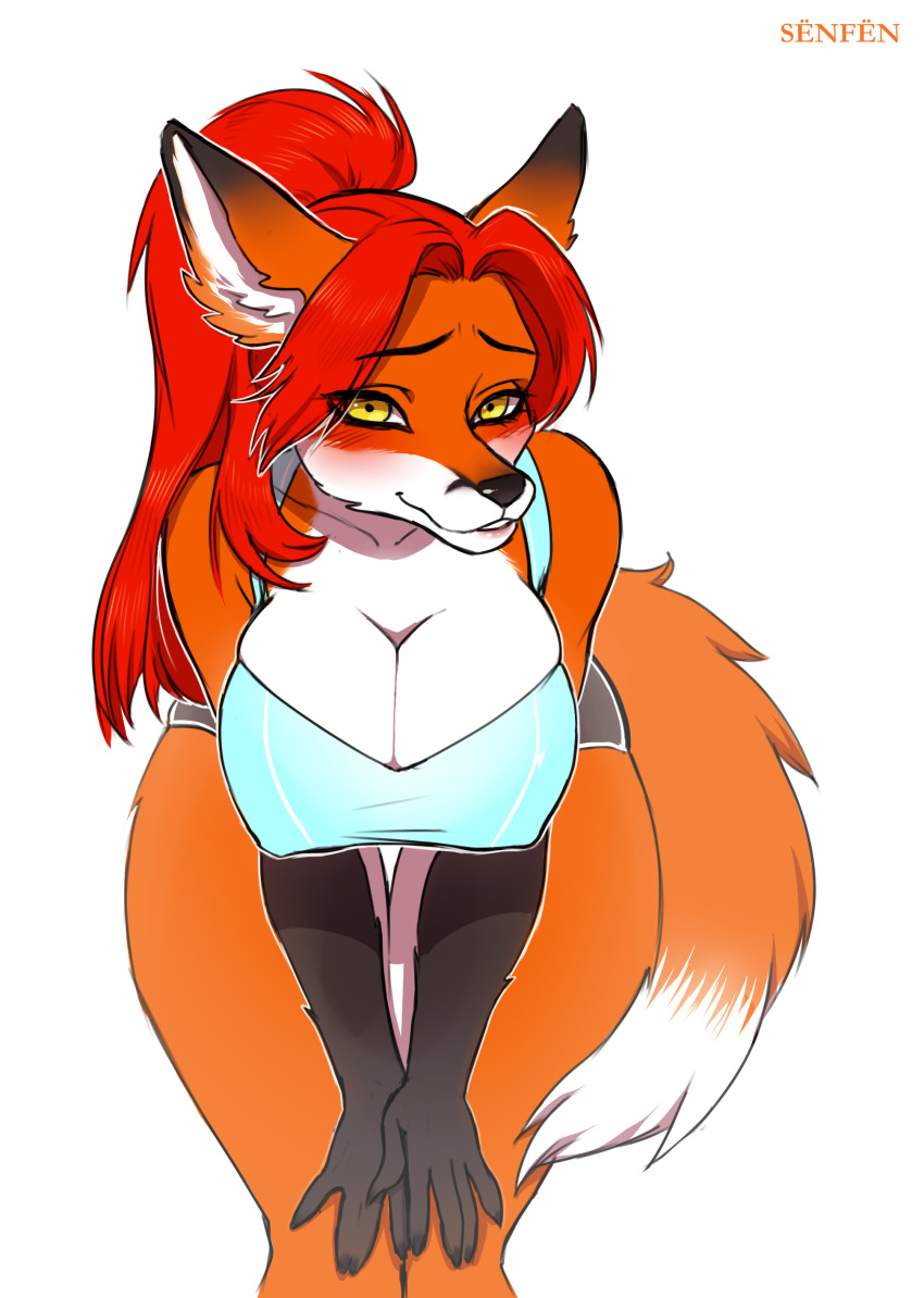 anthro blush breasts canine cleavage clothed clothing female fox looking_at_viewer mammal nipple_bulge simple_background solo standing white_background xiongfeng95