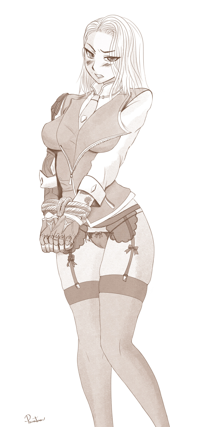 1girl angry artist_name ashe_(overwatch) black_panties black_underwear blush bound breasts denim elizabeth_ashe female garter_belt hair_over_one_eye hat high_resolution highleg hips holster large_breasts large_filesize lingerie long_hair looking_at_viewer monochrome necktie overwatch panties picantium shorts showing_teeth simple_background stockings tattoo thigh_holster thighs tied_up underwear very_high_resolution waist white_background