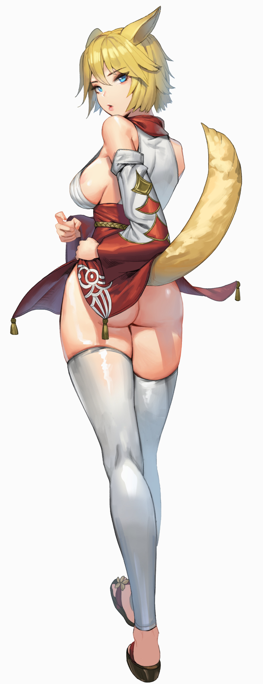absurdres animal_ears blonde_hair blue_eyes breasts commentary cowboy_shot english_commentary eyebrows_visible_through_hair fox_ears full_body hair_between_eyes highres japanese_clothes large_breasts no_panties open_mouth original romana sandals short_hair sideboob simple_background solo standing tail thighhighs toeless_legwear white_background