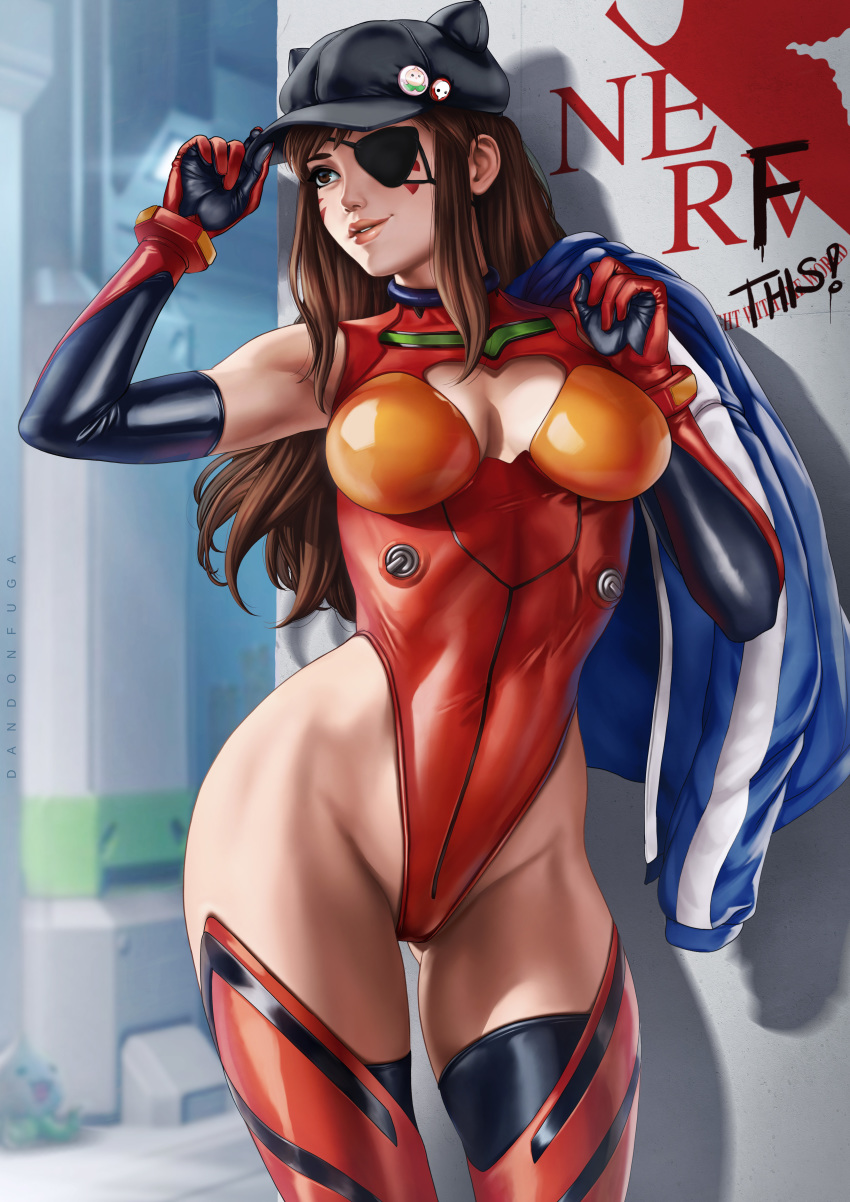 1girl adjusting_clothes adjusting_hat against_wall armpits artist_name badge bodysuit breasts brown_eyes brown_hair button_badge cap cleavage cleavage_cutout cosplay covered_navel cowboy_shot d.va_(overwatch) dandon_fuga elbow_gloves eyepatch facepaint gloves groin hand_on_headwear hat highleg highleg_leotard highres holding jacket jacket_removed legs legs_apart leotard long_hair looking_away looking_to_the_side matching_hair/eyes medium_breasts multicolored multicolored_bodysuit multicolored_clothes neon_genesis_evangelion outdoors overwatch parted_lips plugsuit shadow shikinami_asuka_langley_(cosplay) smile solo soryu_asuka_langley souryuu_asuka_langley_(cosplay) standing thighhighs thighs whisker_markings