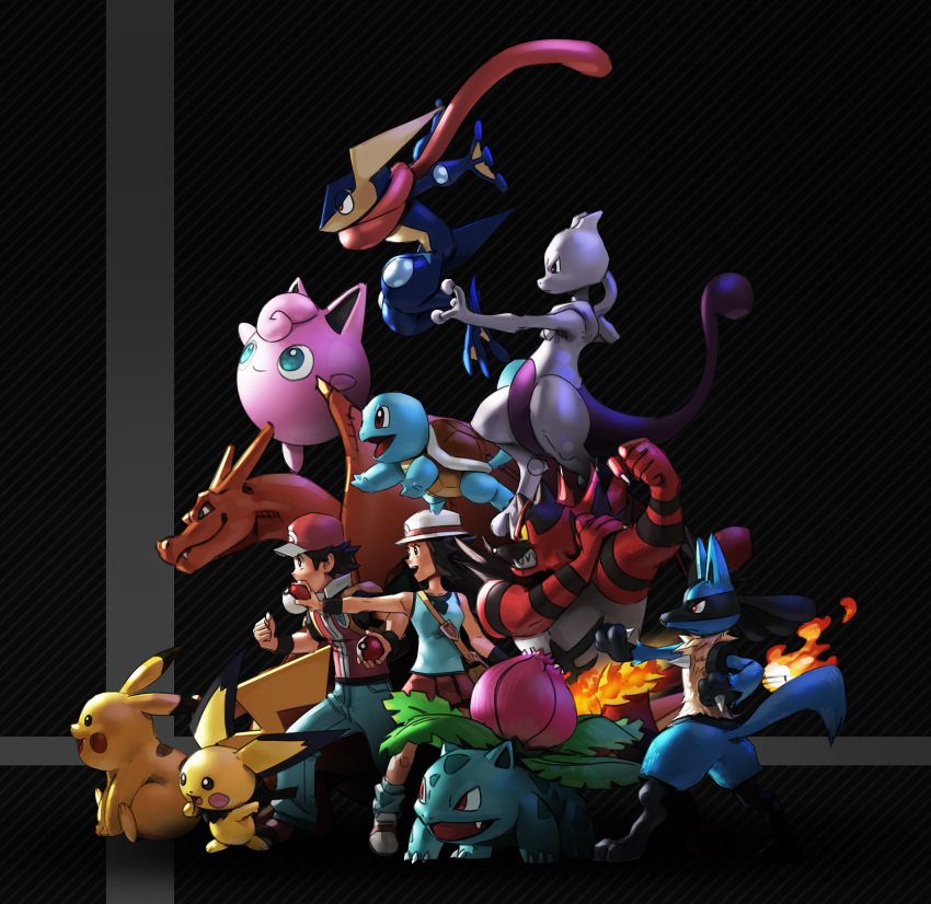 1girl absurdres bag black_background blue_(pokemon) brown_hair charizard claws commentary fangs fighting_stance fire flexing flying from_side gen_1_pokemon gen_2_pokemon gen_4_pokemon gen_6_pokemon gen_7_pokemon greninja hat highres holding holding_poke_ball horns incineroar ivysaur jigglypuff lucario mewtwo midair nin_nakajima open_mouth outstretched_arm pichu pikachu poke_ball pokemon pokemon_(creature) pokemon_(game) pose red_(pokemon) red_(pokemon_frlg) sharp_teeth shell skirt sleeveless smile spikes squirtle super_smash_bros. super_smash_bros._ultimate tail teeth tongue turtle_shell wings wristband
