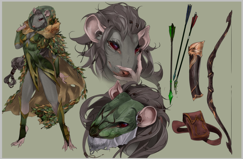 arrow bow breasts claws cleavage cloak clothed clothing female fox_xd fur hair hood kiguri leafs legwear looking_at_viewer mammal mask model_sheet pocket poison rat red_eyes rodent skaven warhammer_(franchise) warhammer_fantasy weapon wood_rat