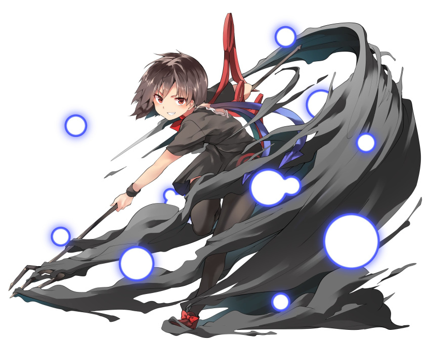 asymmetrical_wings back_cutout black_dress black_hair black_legwear bow brown_footwear commentary_request danmaku dress full_body grin hasebe_yuusaku highres holding holding_weapon houjuu_nue leg_lift looking_at_viewer polearm red_bow red_eyes shoe_bow shoes short_dress short_hair short_sleeves simple_background smile solo standing standing_on_one_leg teeth thighhighs touhou trident weapon white_background wings wristband