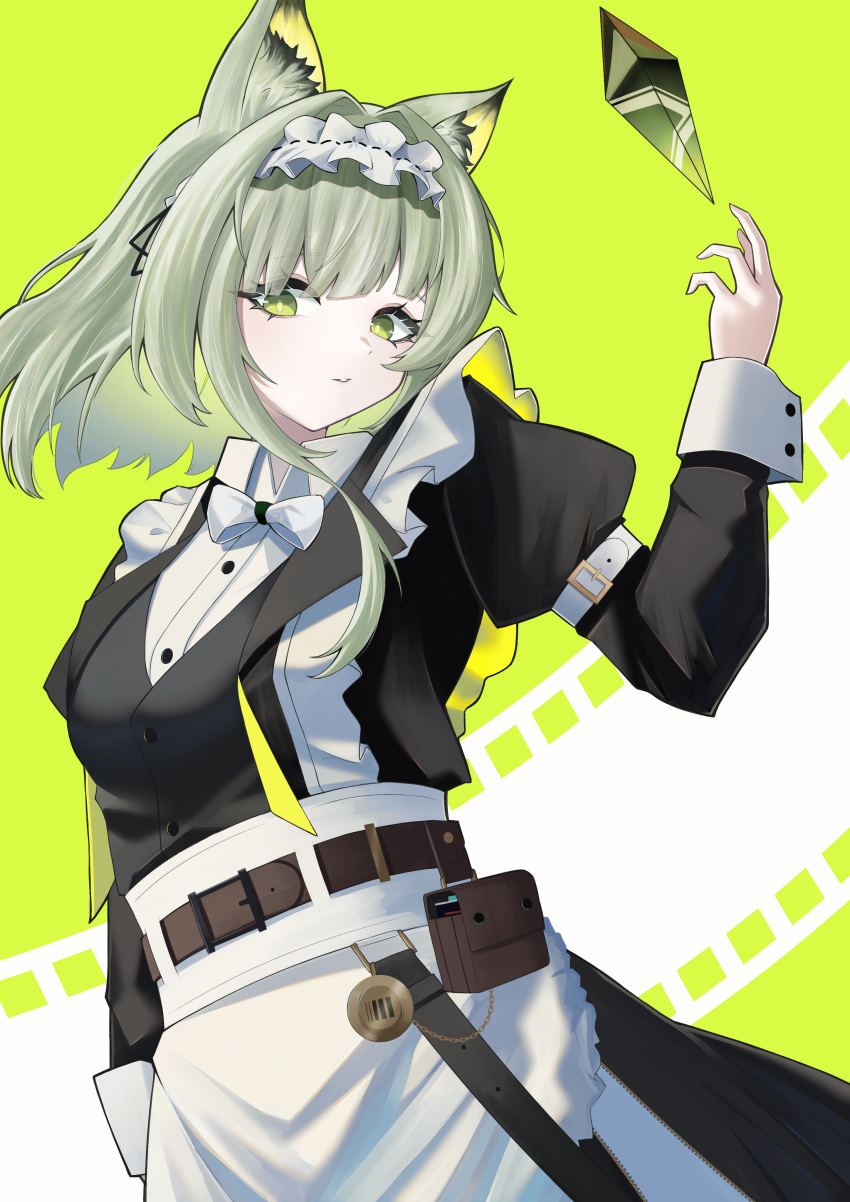 1girl absurdres animal_ear_fluff animal_ears arknights arm_up belt belt_buckle bow bowtie brown_belt buckle buttons commentary crystal film_strip frills green_background green_eyes green_hair highres juliet_sleeves kal'tsit_(arknights) long_hair long_sleeves maid official_alternate_costume parted_lips puffy_sleeves sleeve_belt solo traditional_bowtie usatoto_1 white_belt white_bow white_bowtie