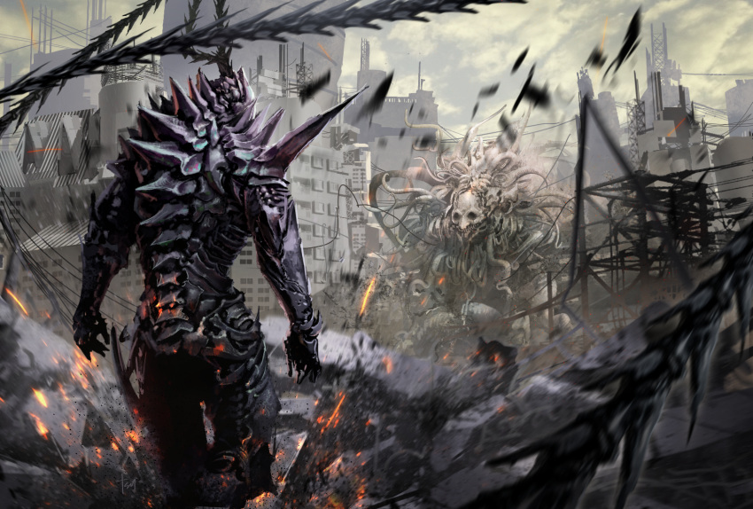1other abara armor black_armor building cloud cloudy_sky commentary_request debris destruction feet_out_of_frame from_behind gas1 giant giant_monster highres no_humans outdoors scenery science_fiction sky sparks tentacles