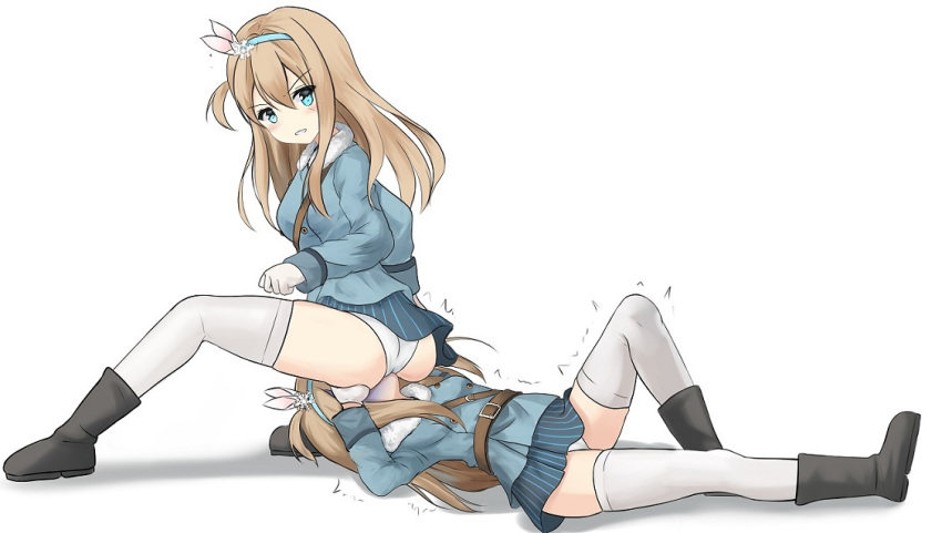 2girls artist_request ass ass_grab catfight cunnilingus cunnilingus_through_clothes defeated face_in_ass girl_on_top girls_frontline highleg highleg_panties kuwamori long_hair looking_at_viewer looking_back lying multiple_girls on_back open_mouth oral panties sitting sitting_on_face sitting_on_person skirt smile spread_legs suomi_kp31_(girls_frontline) sweat thighhighs tongue trembling unconscious underwear wide_hips yuri