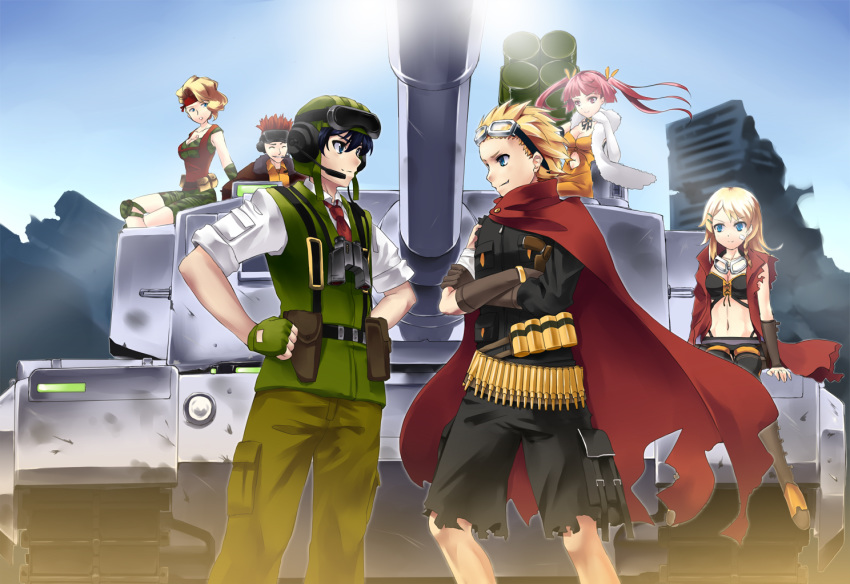 3girls artist_request black_hair blonde_hair blue_eyes breasts cape caterpillar_tracks ground_vehicle metal_max military military_vehicle motor_vehicle multiple_boys multiple_girls pink_eyes pink_hair red_hair ruins sky smile sun tank