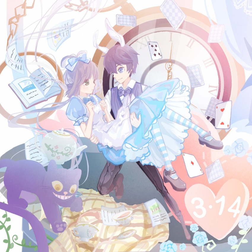 1boy 1girl ace_(playing_card) ace_of_diamonds alice's_adventures_in_wonderland alice_(alice_in_wonderland) alice_(alice_in_wonderland)_(cosplay) animal apron bare_arms black_bow black_pants blanket blue_bow blue_bowtie blue_dress blue_flower blue_pantyhose blue_rose blue_vest book bow bow-shaped_hair bowtie brown_eyes brown_hair brown_shoes card carrying cat cheshire_cat_(alice_in_wonderland) chinese_commentary clenched_hands closed_mouth collared_shirt commentary_request cosplay dated diamond_(shape) dress dress_shoes eye_contact floating_card flower footwear_bow frilled_apron frilled_sleeves frills full_body grey_eyes grey_hair grey_shoes hair_between_eyes hair_rings hand_on_another's_leg happy heart hetero highres lace-trimmed_dress lace_trim long_dress long_sleeves looking_at_another luo_tianyi mary_janes medium_hair miqing open_book pants pantyhose paper parody pinstripe_pattern pinstripe_vest plant playing_card pleated_dress pocket_watch princess_carry puffy_short_sleeves puffy_sleeves purple_cat rose shirt shoes short_hair short_sleeves smile striped_clothes striped_pantyhose suit_pants teapot traditional_bowtie two-tone_pantyhose vest vines vocaloid vsinger_(vocaloid) watch white_apron white_pantyhose white_shirt zhiyu_moke