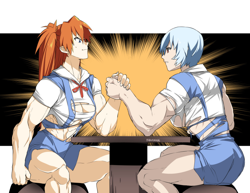 2girls abs arm_wrestling ayanami_rei blue_eyes blue_hair breasts cleavage commission eudetenis multiple_girls muscle muscular_female neon_genesis_evangelion orange_hair red_eyes school_uniform sitting soryu_asuka_langley torn_clothes wardrobe_malfunction