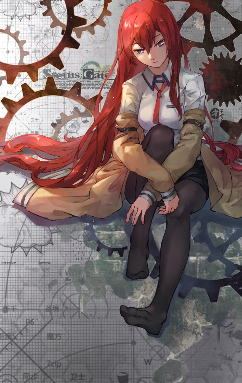 absurdres black_legwear blue_eyes brown_hair copyright_name dress_shirt gears hair_between_eyes highres jacket legwear_under_shorts long_hair looking_to_the_side makise_kurisu necktie off_shoulder pantyhose pantyhose_under_shorts red_neckwear shirt shorts sitting solo steins;gate tuanzi_miao