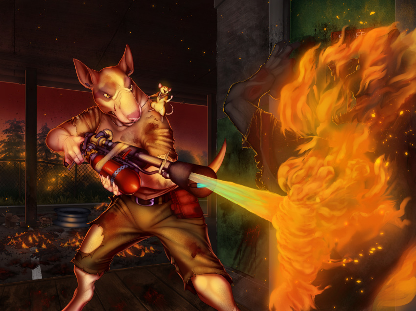 2018 5_fingers anthro canine detailed_background digital_media_(artwork) dog female fire group holding_object holding_weapon jackrow male mammal mouse rodent standing weapon