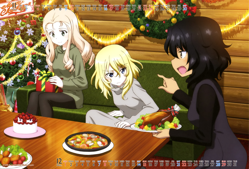 absurdres andou_(girls_und_panzer) bangs bird black_dress black_hair black_legwear blonde_hair blue_eyes bow box brown_eyes cake calendar_(medium) candy candy_cane casual chicken christmas christmas_ornaments christmas_tree christmas_wreath closed_mouth copyright_name couch dark_skin drawstring dress drill_hair eyebrows_visible_through_hair food frown fruit gift gift_box gift_wrapping girls_und_panzer green_eyes green_shirt grey_dress highres holding holding_gift hood hoodie indoors leggings lettuce long_dress long_hair long_sleeves looking_at_another marie_(girls_und_panzer) medium_hair messy_hair multiple_girls official_art open_mouth ornament oshida_(girls_und_panzer) plate pointing shirt sitting smile snowflakes strawberry sweater table tinsel turkey_(food) turkey_leg turtleneck turtleneck_sweater wooden_table wooden_wall