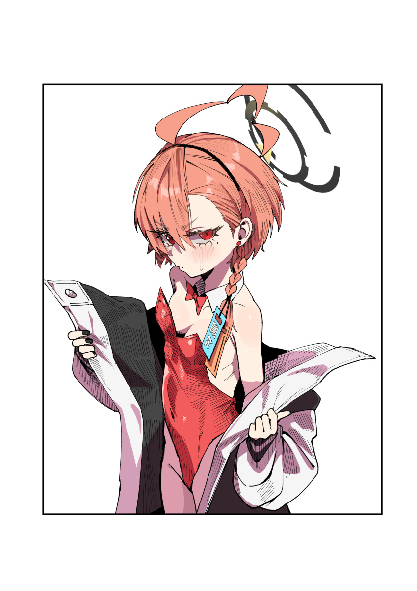 1girl absurdres ahoge asymmetrical_bangs bare_shoulders black_nails blue_archive blush border bow bowtie braid breasts commentary_request cowboy_shot detached_collar from_side frown groin hair_over_one_eye halo highleg highleg_leotard highres huge_ahoge jacket jjigong_chigon leotard looking_at_viewer mole mole_under_eye neru_(blue_archive) neru_(bunny)_(blue_archive) official_alternate_costume open_clothes open_jacket paid_reward_available playboy_bunny red_bow red_bowtie red_eyes red_hair red_leotard short_hair sideways_glance simple_background single_braid small_breasts solo strapless strapless_leotard sweatdrop traditional_bowtie tsurime v-shaped_eyebrows white_background