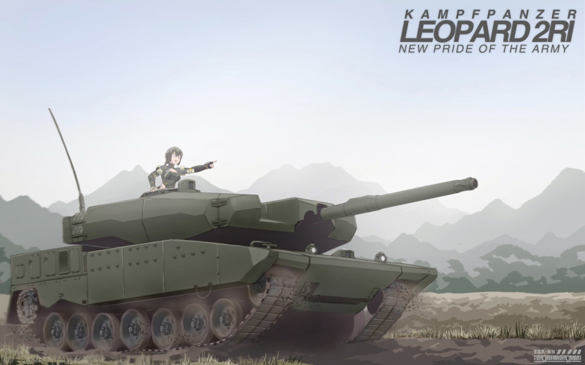 black_hair breasts caterpillar_tracks commentary ebr-kii grass ground_vehicle leopard_2 military military_vehicle motor_vehicle mountain original phantasy_star phantasy_star_online_2 short_hair sky tank