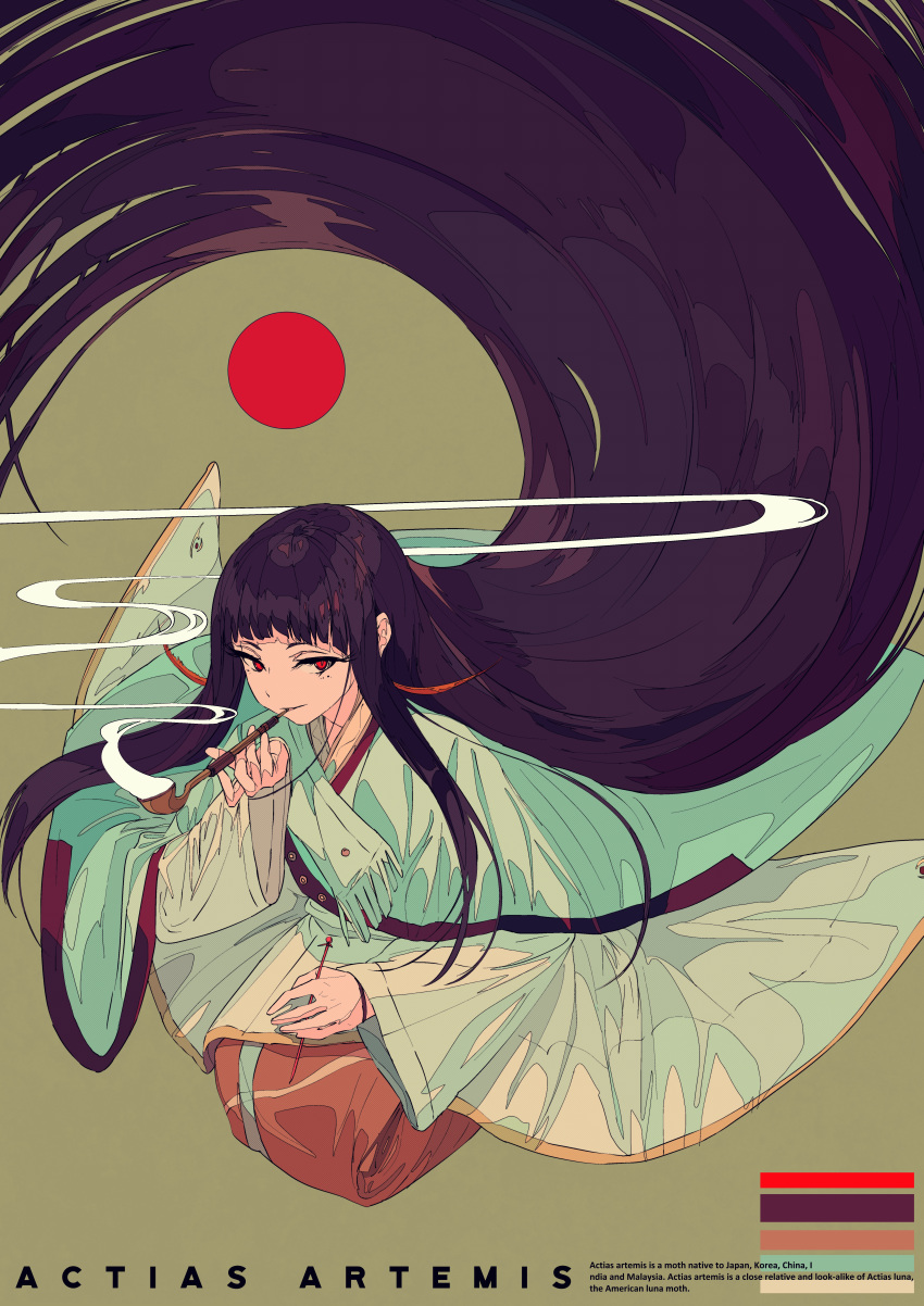 absurdly_long_hair absurdres bangs brown_background brown_hair color_guide comitia commentary_request english floating_hair fringe_trim full_body hand_up highres holding holding_pipe japanese_clothes kimono kiseru kogecha_(coge_ch) long_hair looking_at_viewer original parted_lips pipe red_eyes short_kimono smoke solo very_long_hair white_kimono wide_sleeves
