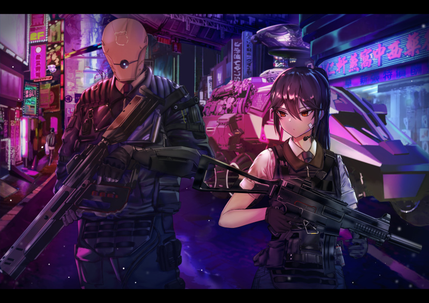 1girl absurdres armored_vehicle assault_rifle bandaid brown_eyes brown_hair bulletproof_vest cityscape commentary cyberpunk cyborg fingerless_gloves gloves ground_vehicle gun highres huge_filesize necktie neon_lights original panamuru police ponytail rifle shirt sign throat_microphone tsurime vest weapon white_shirt