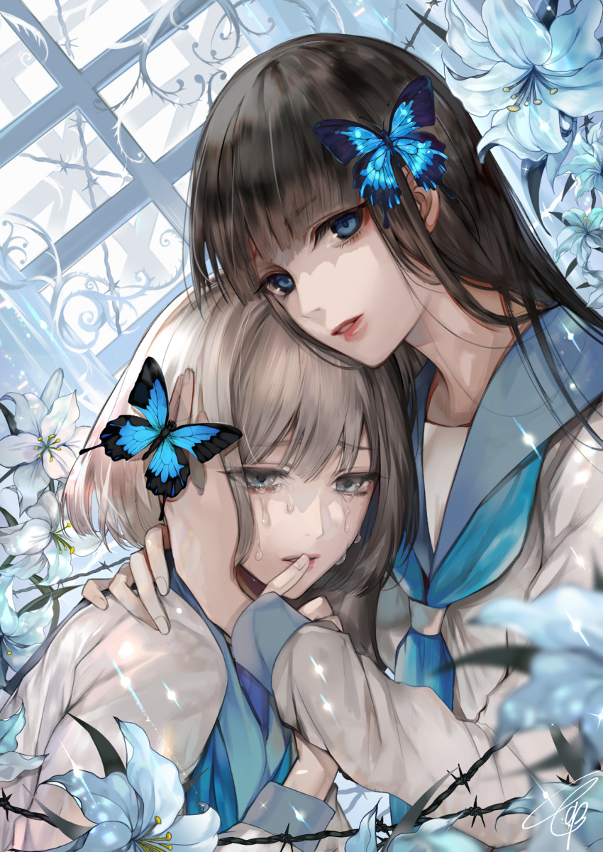 bangs black_hair blue_eyes bug butterfly butterfly_hair_ornament crying crying_with_eyes_open eyebrows_visible_through_hair finger_to_mouth flower grey_eyes hair_ornament hand_on_another's_face hand_on_another's_shoulder highres hug insect light_brown_hair long_hair long_sleeves looking_at_viewer looking_to_the_side multiple_girls original parted_lips sailor_collar sailor_shirt school_uniform shirt short_hair tcb tears upper_body yuri