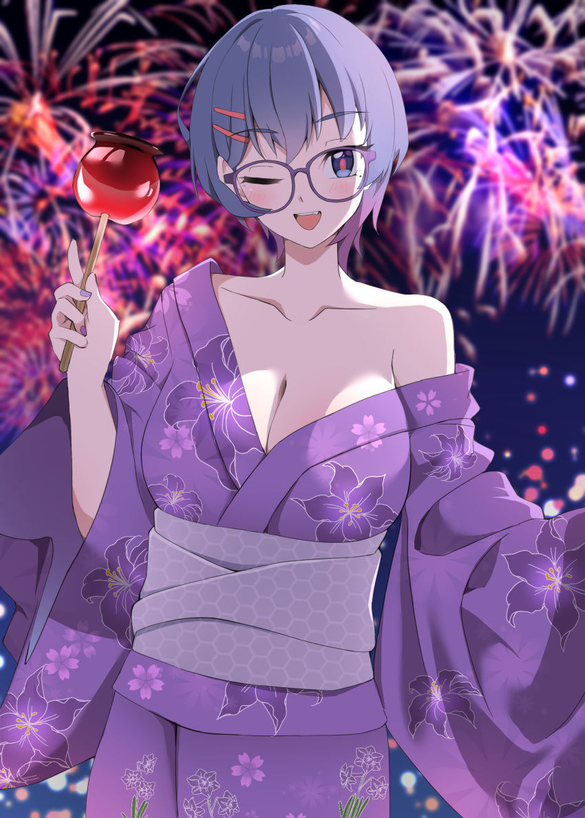 1girl absurdres aerial_fireworks amamiya_maki blue_eyes breasts candy_apple cleavage collarbone commentary_request fireworks floral_print floral_print_kimono food glasses highres holding holding_candy_apple holding_food japanese_clothes kimono miyama_(yakinikusushi_the_royal) mole mole_under_eye one_eye_closed open_mouth original pink_pupils print_kimono purple_kimono purple_nails short_hair single_bare_shoulder teeth upper_teeth_only wide_sleeves yukata