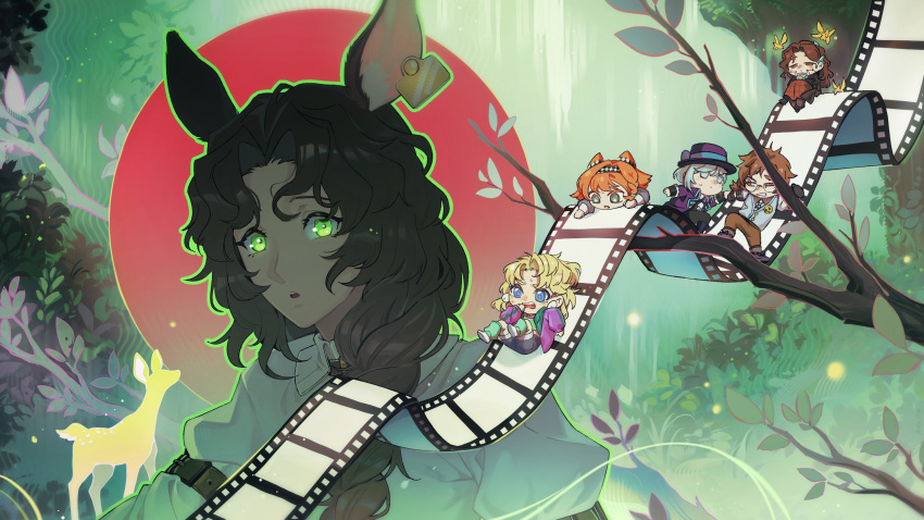 1girl 5girls :o absurdres animal_ears black_coat blonde_hair blonney blue_eyes blue_shorts branch brown_hair brown_pants checkered_hairband chibi chibi_inset circle coat commentary creature deer deer_ears deer_girl dress ear_tag fairy film_strip glasses green_background green_eyes green_leg_warmers grey_eyes grey_hair grey_vest hair_bun hairband hat highres horropedia jacket jessica_(reverse:1999) leg_warmers long_braid looking_at_viewer making-of_available multiple_girls mummeemeemama open_mouth orange_hair pants plant purple_coat purple_hat purple_jacket red_dress reverse:1999 shirt short_hair shorts single_side_bun sitting sliding sonetto_(reverse:1999) standing tooth_fairy_(reverse:1999) two_side_up untranslatable_commentary upper_body vertin_(reverse:1999) vest white_shirt