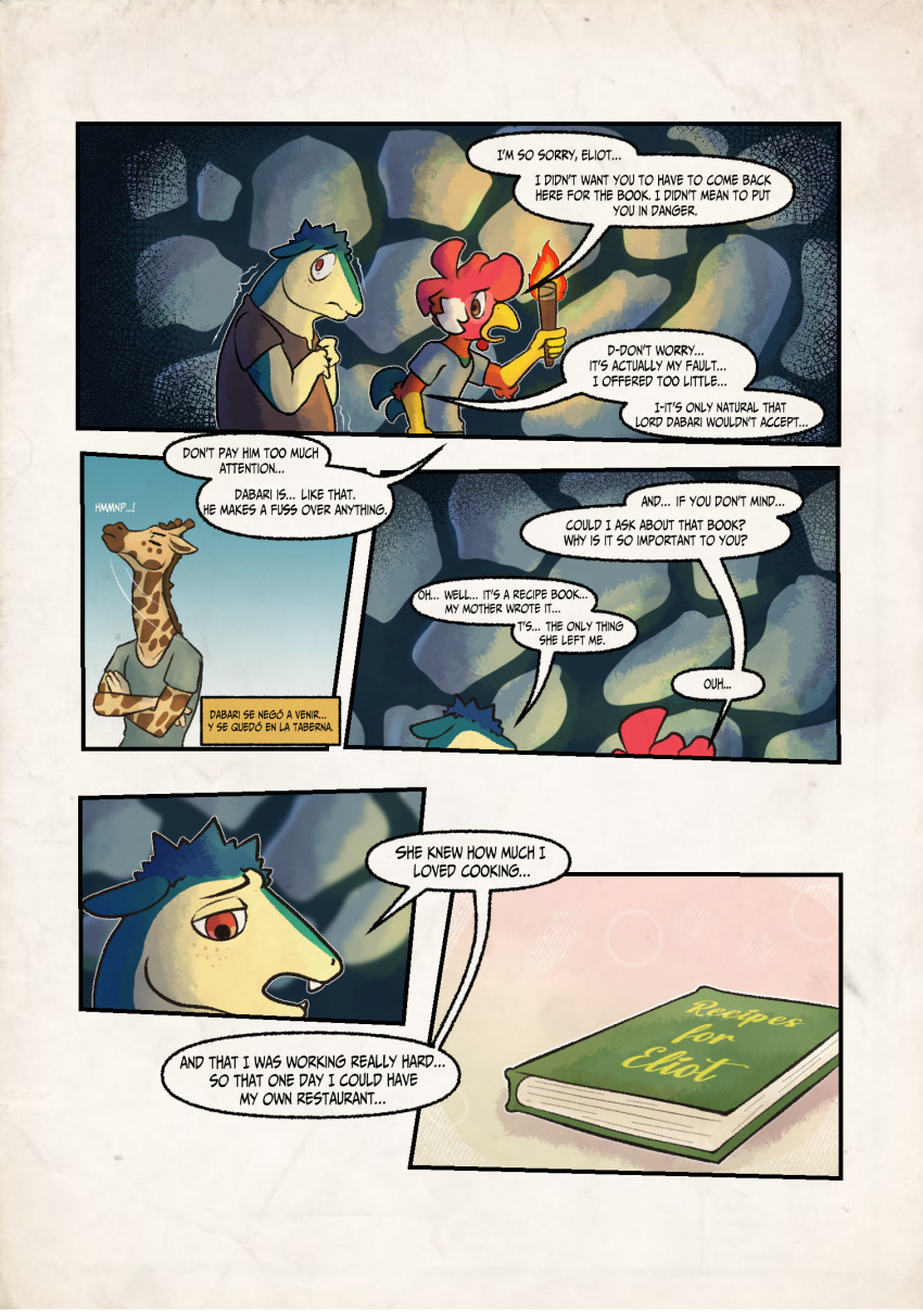 anthro avian bird chicken clothed clothing comic dialogue digital_media_(artwork) dungeons_and_dragons galliform generation_2_pokemon giraffid group hasbro hi_res male mammal nintendo phasianid pokemon pokemon_(species) text trio typhlosion wizards_of_the_coast zaryuzu_73