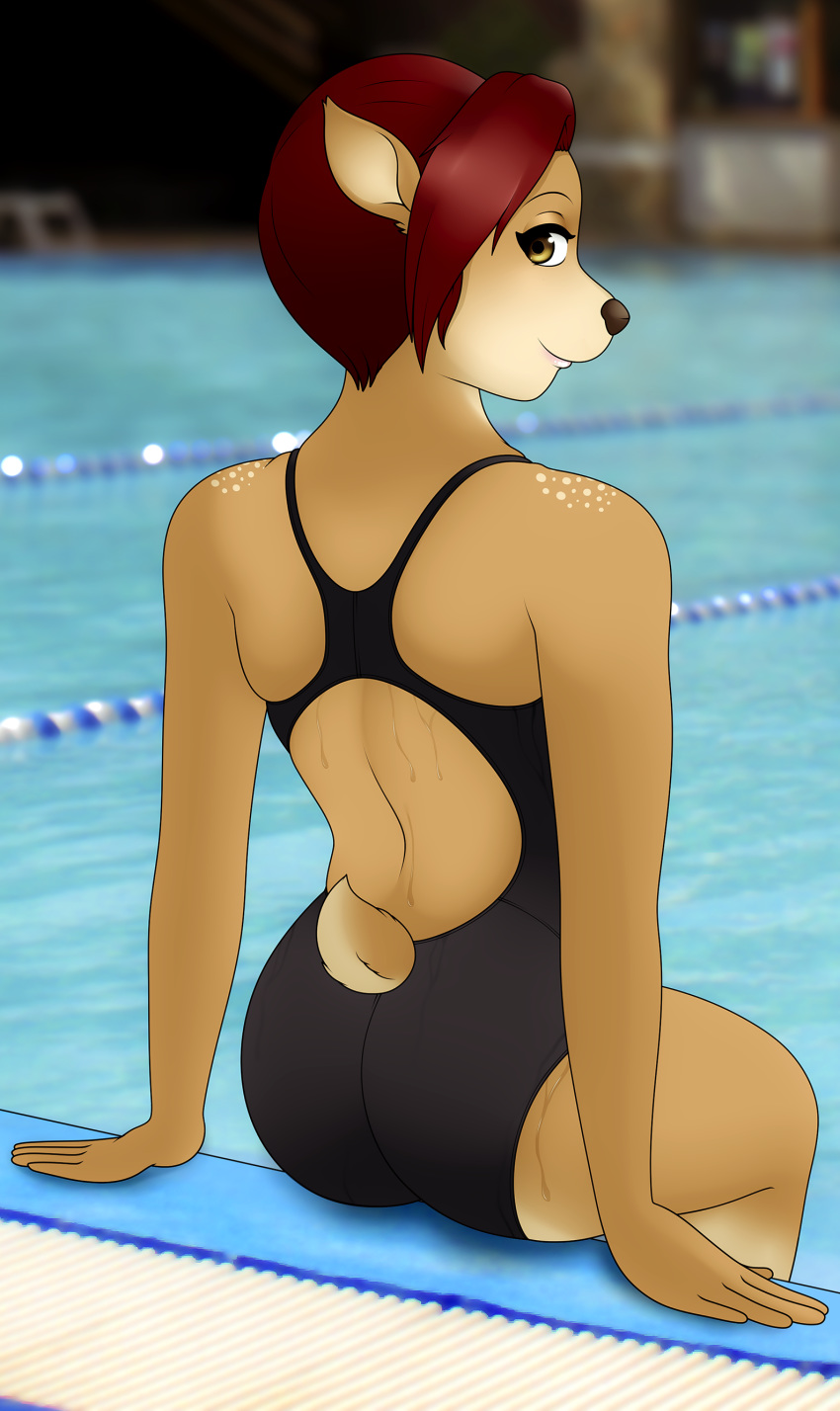 2018 5_fingers absurd_res anthro biped buffbumblebee_(artist) butt cervine clothed clothing digital_drawing_(artwork) digital_media_(artwork) eyebrows eyelashes female fur hair hi_res invalid_tag looking_at_viewer looking_back mammal one-piece_swimsuit outside red_hair short_hair sitting smile solo swimsuit water