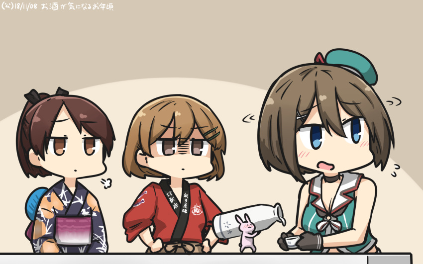 =3 alcohol alternate_costume animal aqua_hat beret black_gloves blue_eyes blush brown_eyes brown_hair bunny commentary_request dated drunk flying_sweatdrops gloves hair_between_eyes hair_ornament hairclip hamu_koutarou happi hat highres japanese_clothes kantai_collection kimono light_brown_hair long_sleeves maya_(kantai_collection) motion_lines multiple_girls obi oboro_(kantai_collection) open_mouth ponytail remodel_(kantai_collection) sake sash shikinami_(kantai_collection) short_hair sleeveless wide_sleeves yukata